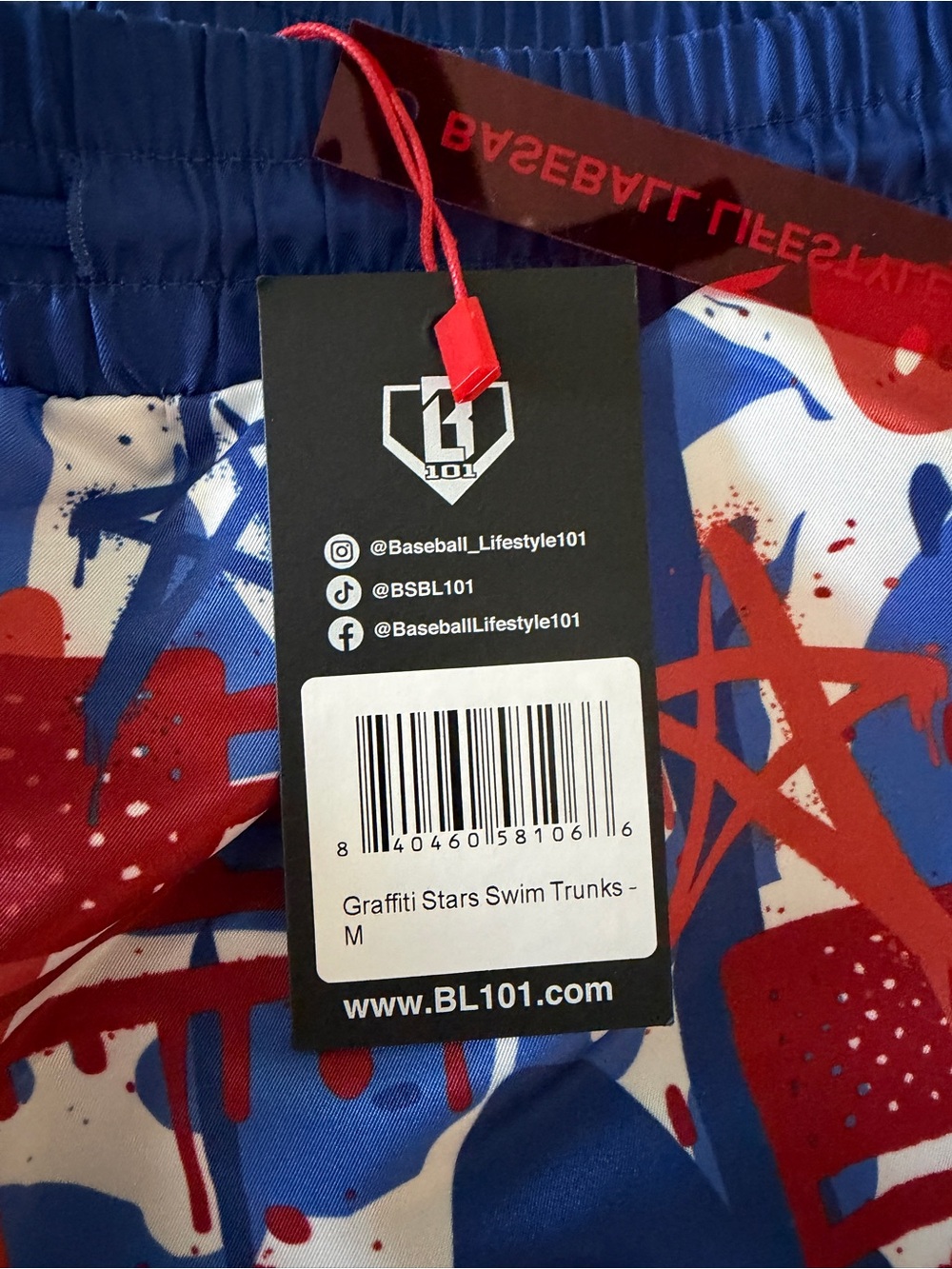 Baseball Lifestyle 101 BL101 men’s graffiti red white blue swim trunks - Picture 2 of 6